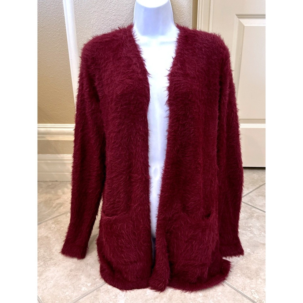 Colleen Lopez Burgundy Fuzzy Eyelash Knit Open Front Cardigan Sweater Small